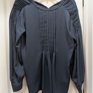 Ann Taylor Navy Pleated Long-Sleeve Blouse